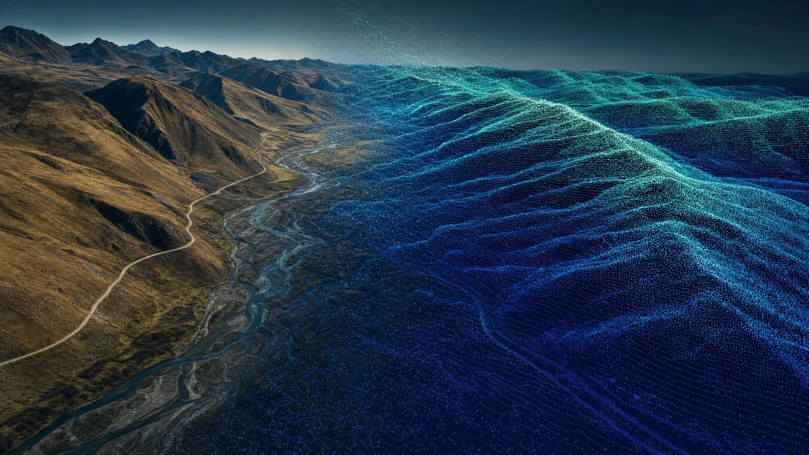 Vista aérea de un valle andino en la que la mitad fotográfica del terreno, con su río y su camino de acceso, se transforma hacia la derecha en una nube de puntos LiDAR coloreada por elevación