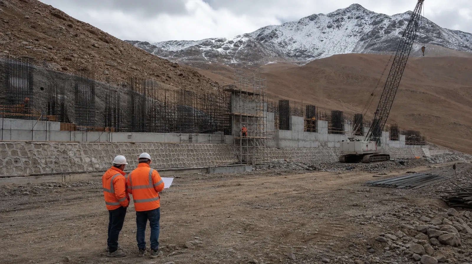 Reinforced concrete wall under construction on a high Andean slope